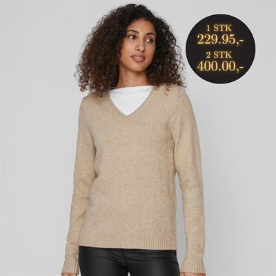 VILA RIL NATURAL MELANGE STRIK V-HALS - 14042769