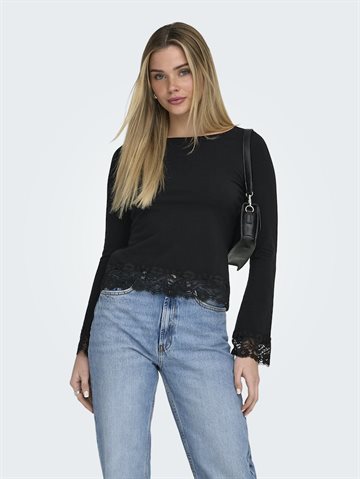 ONLY LIVE LOVE BLACK L/S O-NECK LACE TOP - 15385106