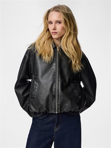 PIECES GISELLE WASH COATED WASHED BLACK BOMBER JACKET -17164302