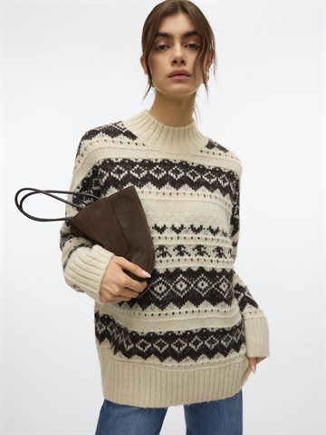 VERO MODA AMPLE LS HIGH NECK PULLOVER BOO BIRCH/CHOCOLADA - 10331364