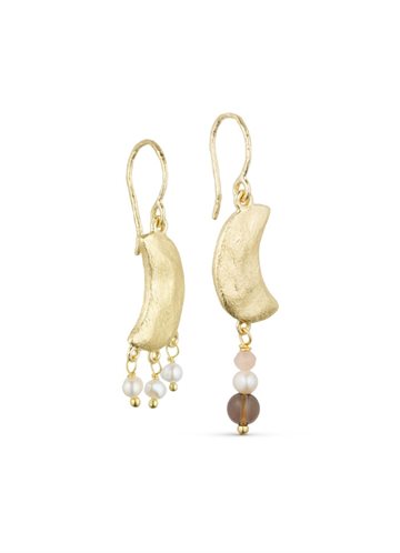 PURE BY NAT NOELLE UNEVEN MOON EARRINGS W. GEMSTONES AND PEARLS G/B SMOKY PEACH TONES - 45962